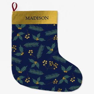 Grande Chaussette De Noël Baie de houx élégante Noël Bleu Or Nom
