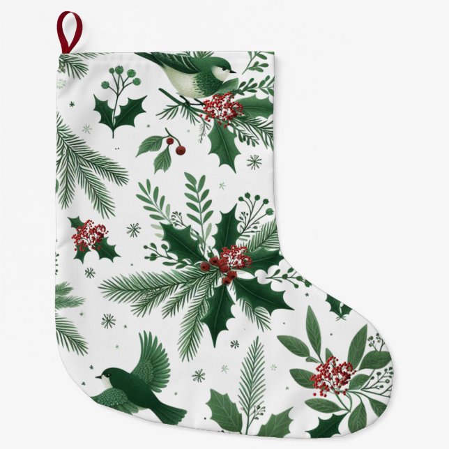 Grande Chaussette De Noël Baies et oiseaux vert émeraude  (Devant)