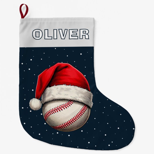 Grande Chaussette De Noël Bal de baseball Rouge Père Noël Nom du chapeau (Devant)