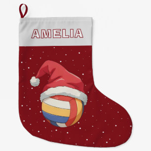 Grande Chaussette De Noël Balle de volley Chapeau de Père Noël rouge Nom