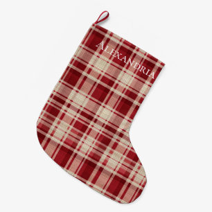 Grande Chaussette De Noël Bandes Plaid Crème Rouge
