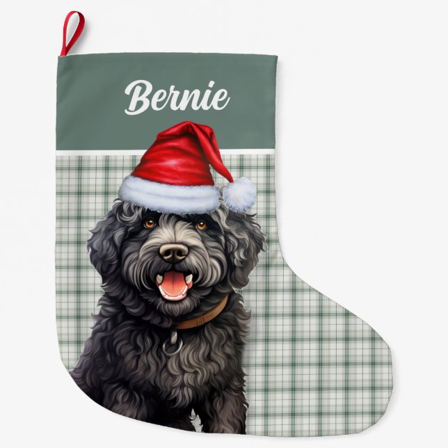 Grande Chaussette De Noël Barbet Chien vert Plaid avec nom (Devant)
