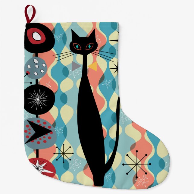 Grande Chaussette De Noël Bas bleu de Noël de rétro d'ère chat atomique de (Devant)