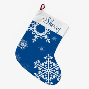 Grande Chaussette De Noël Bas de Noël bleu à flocons de neige blancs