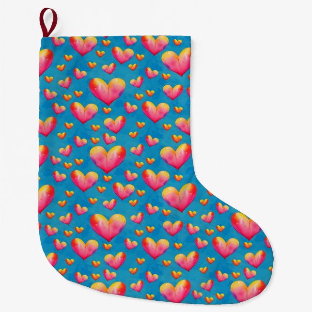 Grande Chaussette De Noël Bas de Noël Saint-Valentin coeurs aquarelle multic (Devant)