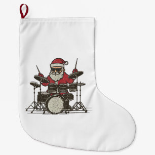 Grande Chaussette De Noël Batteur de Noël Drôle Vintage Santa Jouant du Tamb