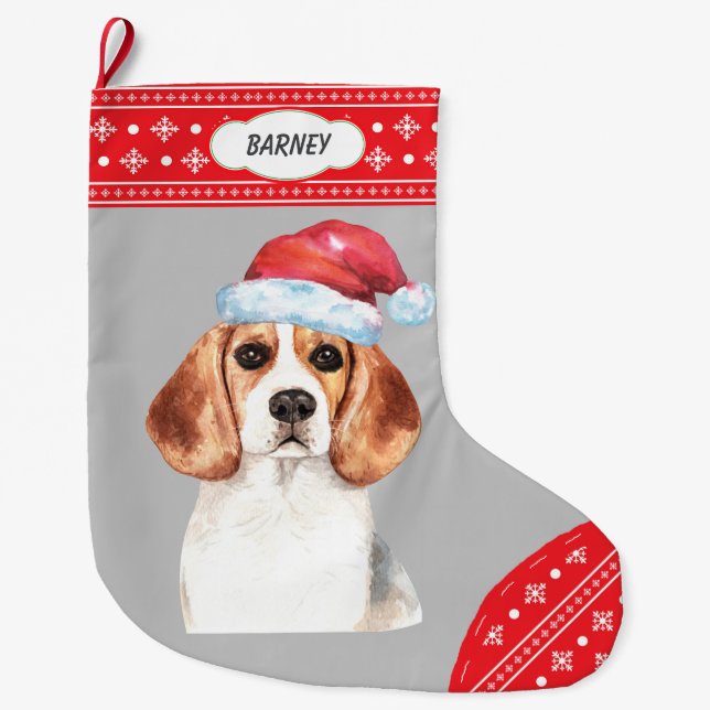 Grande Chaussette De Noël Beagle de Santa Hat Feu de neige frontière (Devant)