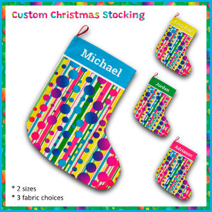 Grande Chaussette De Noël [Beatnik Bubbles] Retro Polka Dot Striped Blue