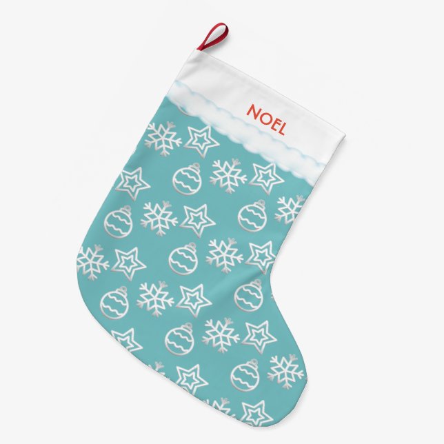 Grande Chaussette De Noël Beau Motif de Noël en bleu clair (Devant (Accrochage))