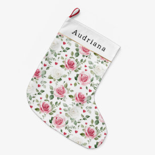 Grande Chaussette De Noël Beaux cœurs roses blancs roses floral Noël