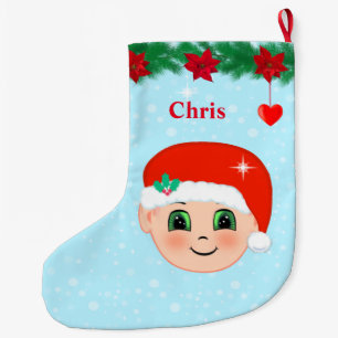 Grande Chaussette De Noël bébé de Noël visage, coeurs, poinsettias et pin