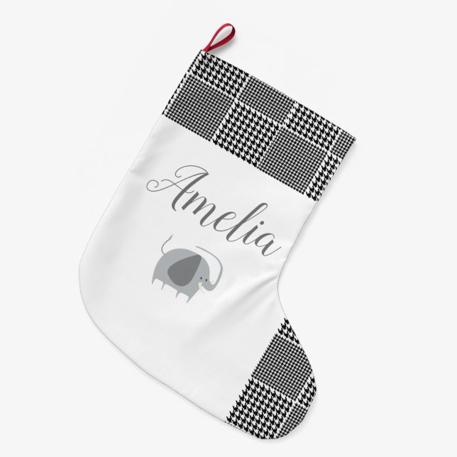 Grande Chaussette De Noël Bébé Eléphant Cartoon noir Plaid Personnaliser (Devant (Accrochage))