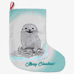 Grande Chaussette De Noël Bébé loutre de mer blanche mignonne, Joyeux Noël