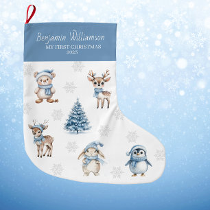 Grande Chaussette De Noël Bébé Mon 1er Noël Bois Bleu Personnalisé