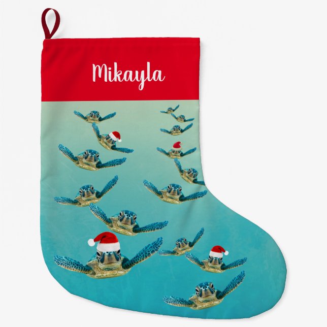 Grande Chaussette De Noël Bébé tortue de mer en chapeau de Noël Stocking (Devant)