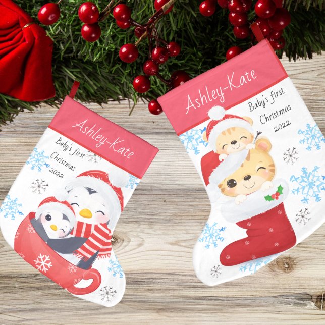 Grande Chaussette De Noël Bébés mignons Premier pingouin de Noël et chaton K (Créateur téléchargé)