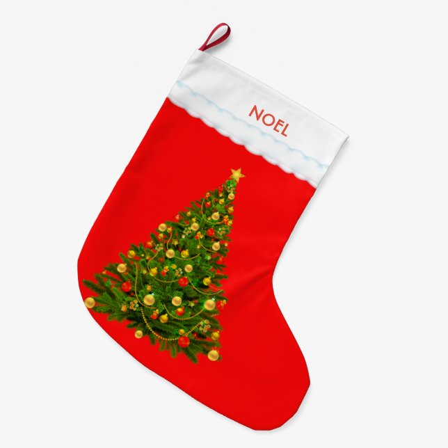 Grande Chaussette De Noël Bel arbre de Noël sur fond rouge (Devant (Accrochage))