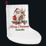 Grande Chaussette De Noël Béliers rouges classiques | Père Noël avec rennes<br><div class="desc">Illustration éternelle classique impressionnante Père Noël avec rennes avec un script scintillant festif "Joyeux Noël". Personnalisez facilement le texte ou laissez-le vide - la décoration parfaite pour votre maison de vacances</div>