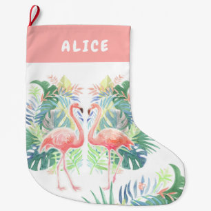 Grande Chaussette De Noël Belle Conte Fée Pour Deux Flamants roses Fleur Tro