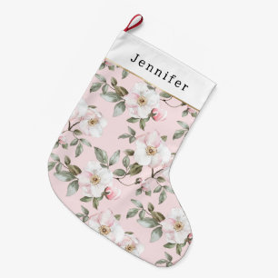 Grande Chaussette De Noël Belles Roses Blanches et Roses Florales Noël