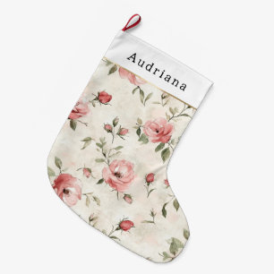 Grande Chaussette De Noël Belles Roses Crème Roses Florales Noël