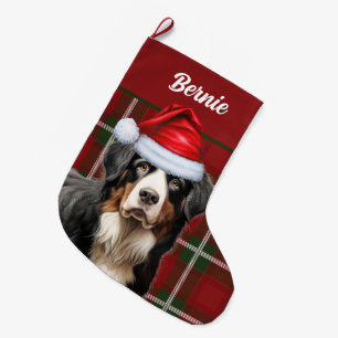 Grande Chaussette De Noël Bernese Mountain Dog Holiday Plaid avec le nom du 