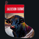 Grande Chaussette De Noël Black Angus Bull Winter<br><div class="desc">Dans ce design moderne et coloré, un taureau Angus se dresse dans un paysage enneigé pittoresque.</div>