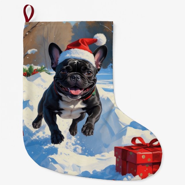 Grande Chaussette De Noël Black French Bulldog Festive de Noël Scène de neig (Devant)