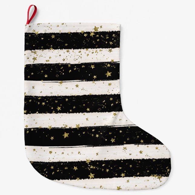 Grande Chaussette De Noël Black White Aquarelle rayures Gold Parties scintil (Devant)