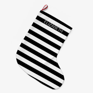 Grande Chaussette De Noël Black White Horizontal Preppy Stripe Nom monogram