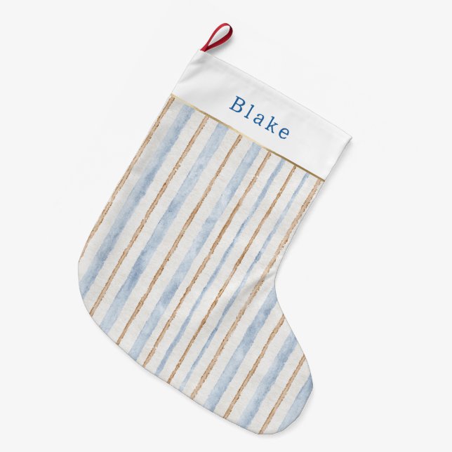 Grande Chaussette De Noël Blanc Bleu Or Rayures Noël   (Devant (Accrochage))