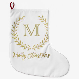 Grande Chaussette De Noël Blanc et Noël de monogramme de feuille d'or Joyeux