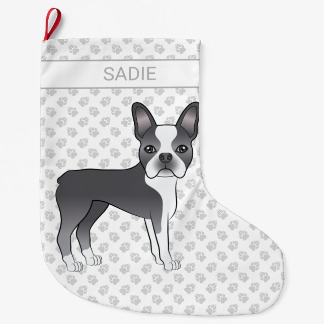 Grande Chaussette De Noël Bleu Et Blanc Boston Terrier Dessin Chien Et Nom (Devant)