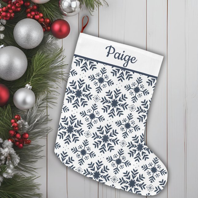 Grande Chaussette De Noël Bleu Et Blanc Nordique Snowflake Motif Personnalis (Blue And White Nordic Snowflake Pattern Custom Large Christmas Stocking)