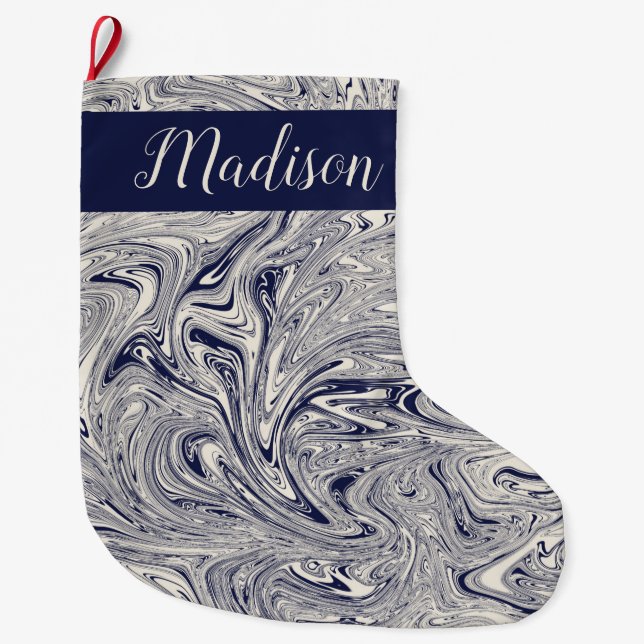 Grande Chaussette De Noël Bleu et Marbre blanc personnalisés (Devant)