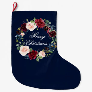 Grande Chaussette De Noël Bleu floral de guirlande d'aquarelle