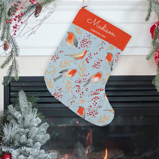 Grande Chaussette De Noël Bleu mignon Motif Noël Nom de vacances (Cute Blue Bird Pattern Christmas Holiday Name Large Christmas Stocking)