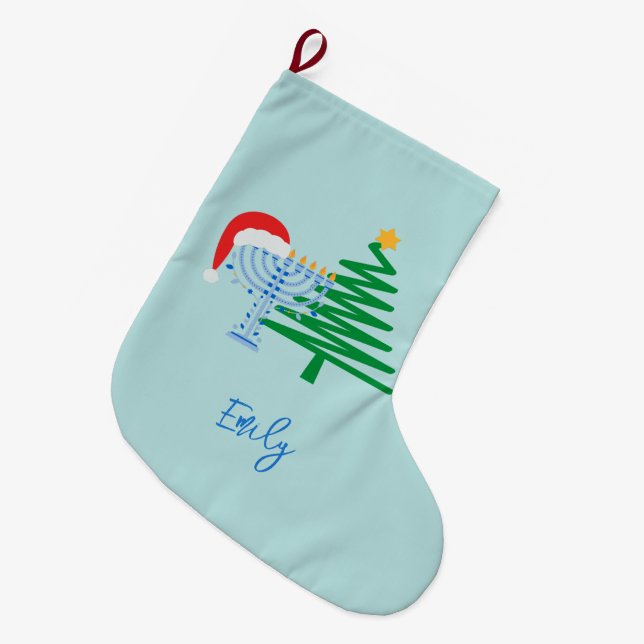 Grande Chaussette De Noël Bleu personnalisable Chrismukkah Stocking (Devant (Accrochage))