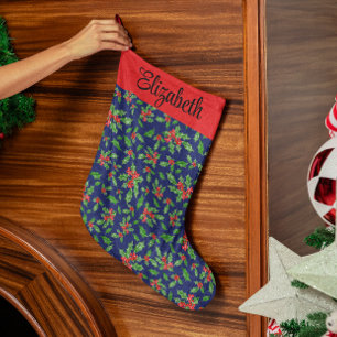Grande Chaussette De Noël Bleu rouge vert saint feuilles, baies nom personna