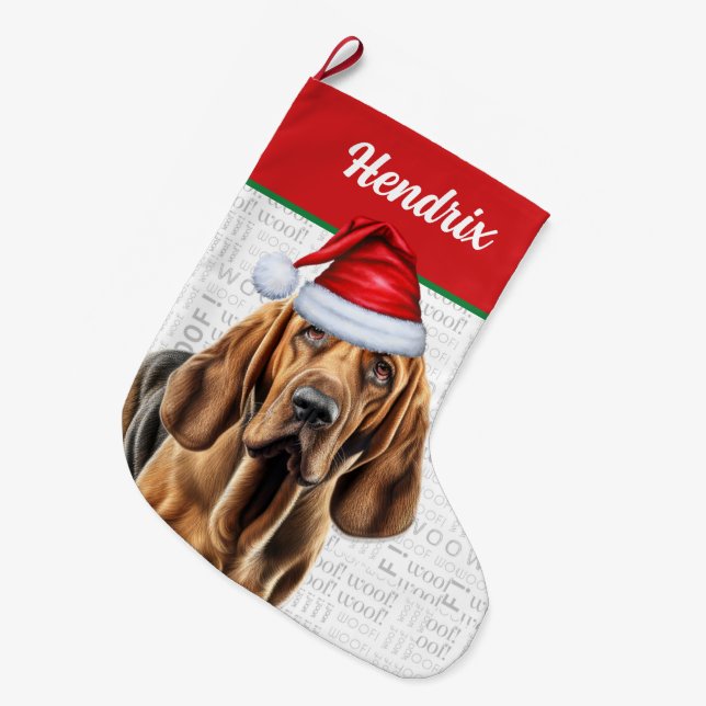 Grande Chaussette De Noël Bloodhound de Noël avec le nom Woof Arrière - plan (Devant (Accrochage))