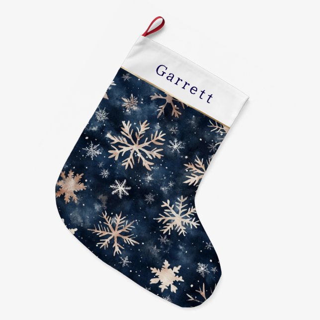 Grande Chaussette De Noël Blue Cream Christmas Snowflakes (Devant (Accrochage))