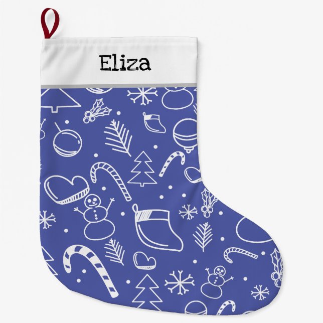Grande Chaussette De Noël Blue Doodle Christmas Pattern -  Fun & Festive  (Devant)