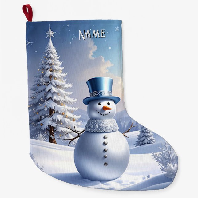 Grande Chaussette De Noël Blue Hat Snowman Christmas Tree Holiday Stocking (Devant)