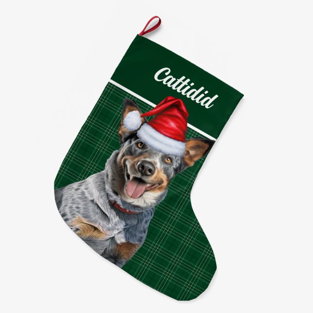 Grande Chaussette De Noël Blue Heeler Chien Green Holiday Plaid Personnalisé (Devant (Accrochage))
