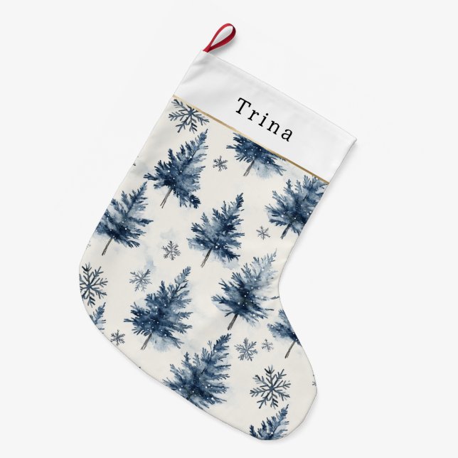 Grande Chaussette De Noël Blue White Christmas Trees Snowflakes (Devant (Accrochage))