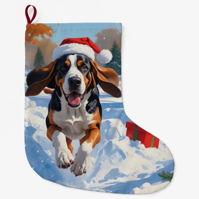 Grande Chaussette De Noël Bluetick Coonhound Courir dans la neige avec Noël (Devant)