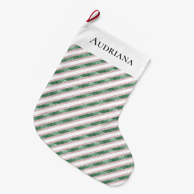 Grande Chaussette De Noël Blush Pink Green Glitter Stripes Christmas   (Devant (Accrochage))
