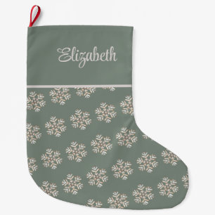 Grande Chaussette De Noël Boho Vert Sauge Flocons de Neige Nom Personnalisé