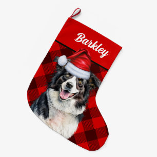 Grande Chaussette De Noël Bordure Collie Red Buffalo planté avec le nom du c