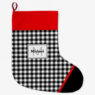 Grande Chaussette De Noël Bordure de pied à carreaux noir et blanc Monogramm